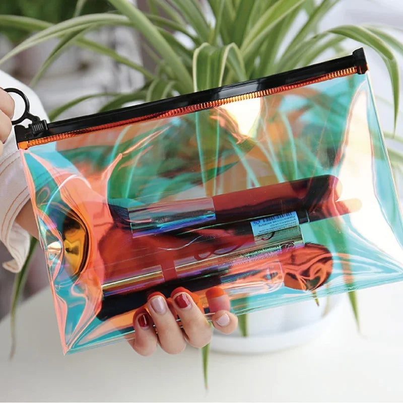 Pochette transparente holographique maquillage pratique
